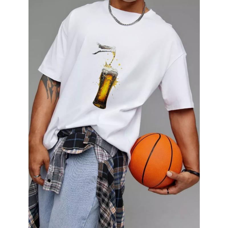 Weißes T-Shirt Bier Einschenken Grafikdesign Freizeitkleidung für Herren Sommeroutfits Partykleidung