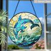 2D Flat Stained Glass Blue Dolphin Window Decoration, 6.3/7.87inches Ocean Theme Colored Glass Plate with Chain, Charming Indoor/Outdoor Sun Catcher