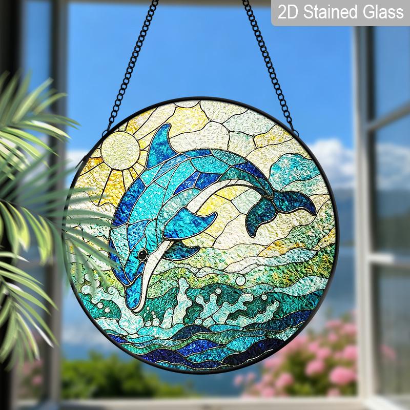 2D Flat Stained Glass Blue Dolphin Window Decoration, 6.3/7.87inches Ocean Theme Colored Glass Plate with Chain, Charming Indoor/Outdoor Sun Catcher