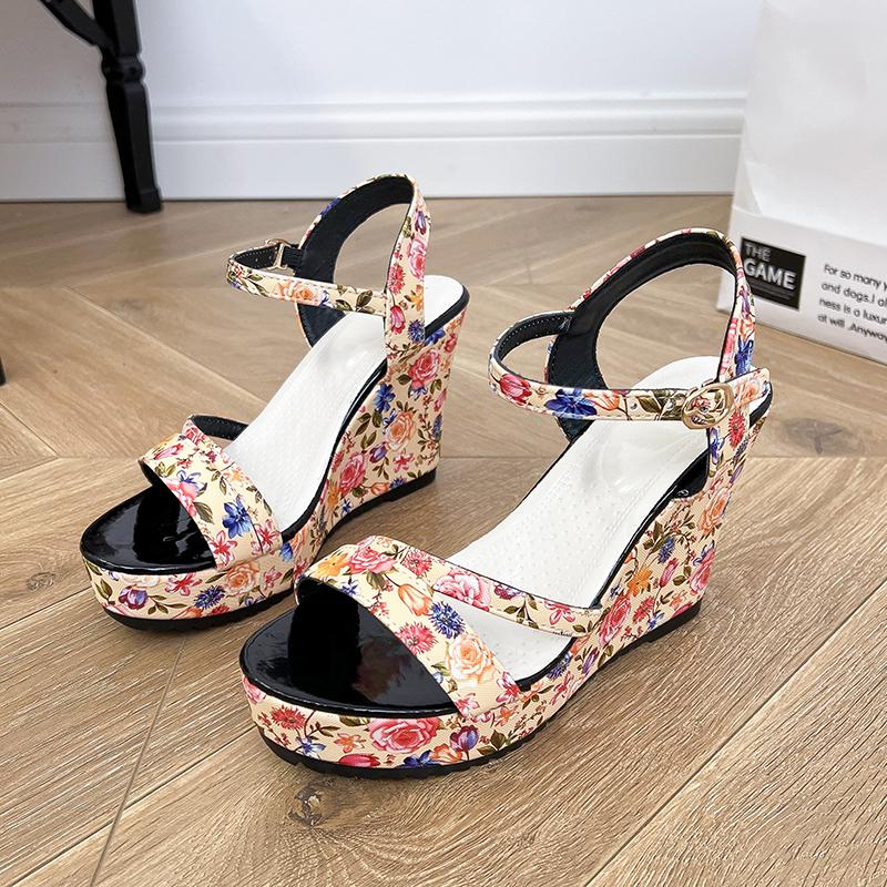 Fashion Summer New Wedge-heeled Sandals Women Fashion Round Head Print Open-toe Line with Waterproof Platform High Heels