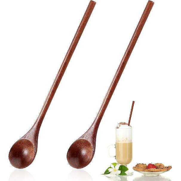 Ouligay 2 Pcs Long Wooden Spoon,Wooden Honey Spoon,7.8 Inch Wood Mixing Spoons for Coffee,Wood Spoons for Eating Stirring,Wooden Teaspoon with Long