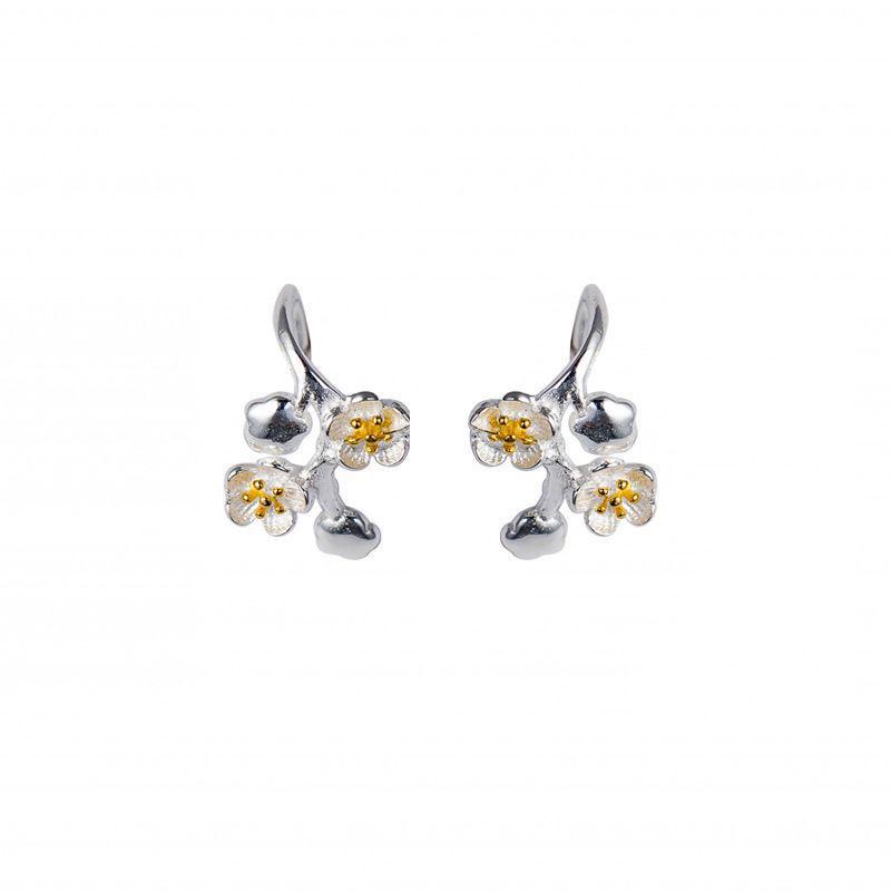 Elegant Plum Blossom Silver Ear Cuffs: Japanese-Korean Artistic Stud Earrings for Women