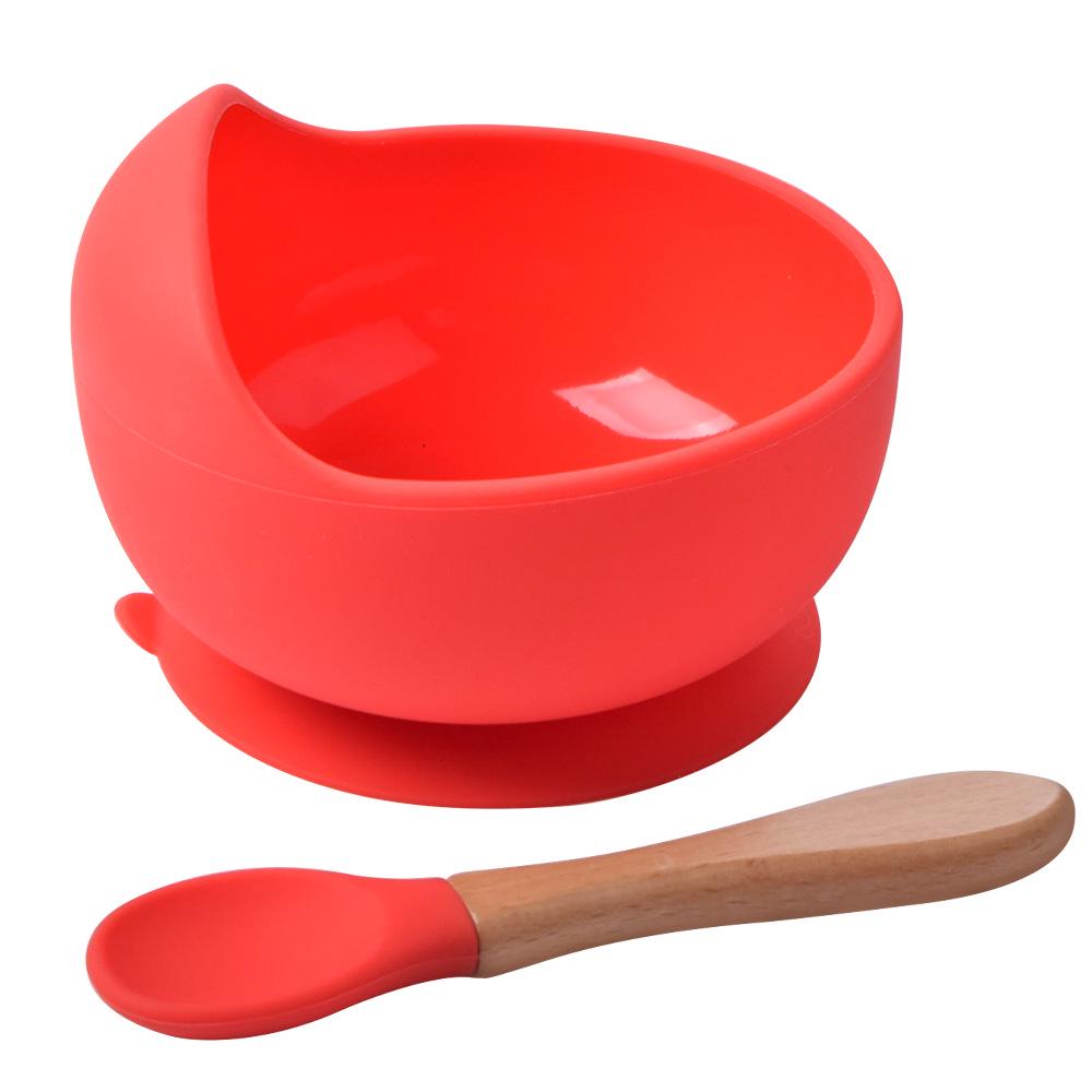 Silicone Baby Bowl & Spoon Set with Wooden Handle and Suction Cup