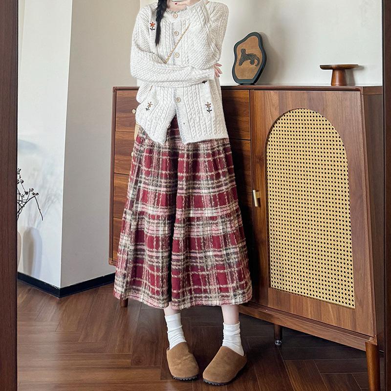 Женская ретро шерстяная клетчатая юбка Осень Новинка Свободный приталенный крой Свободная драпировка А-силуэт Средняя длина Многослойная юбка-торт S красный