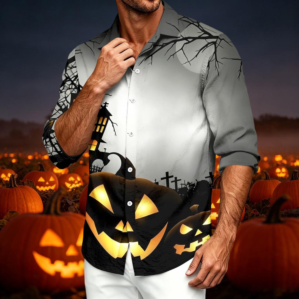 Men's Casual Long Sleeve Shirt with Halloween Print for Spring Fall