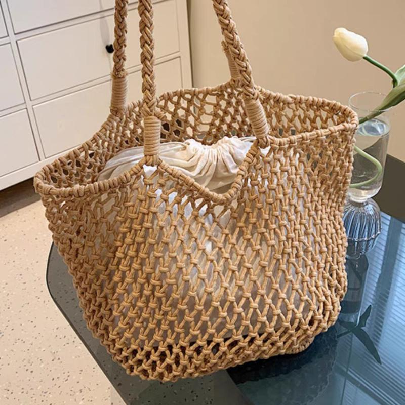 Shoulder Bag, Vacation, Cotton Rope Woven Women's Bag, Lazy, Summer, Hollowed Out, Large Capacity, Hand-held Beach Bag
