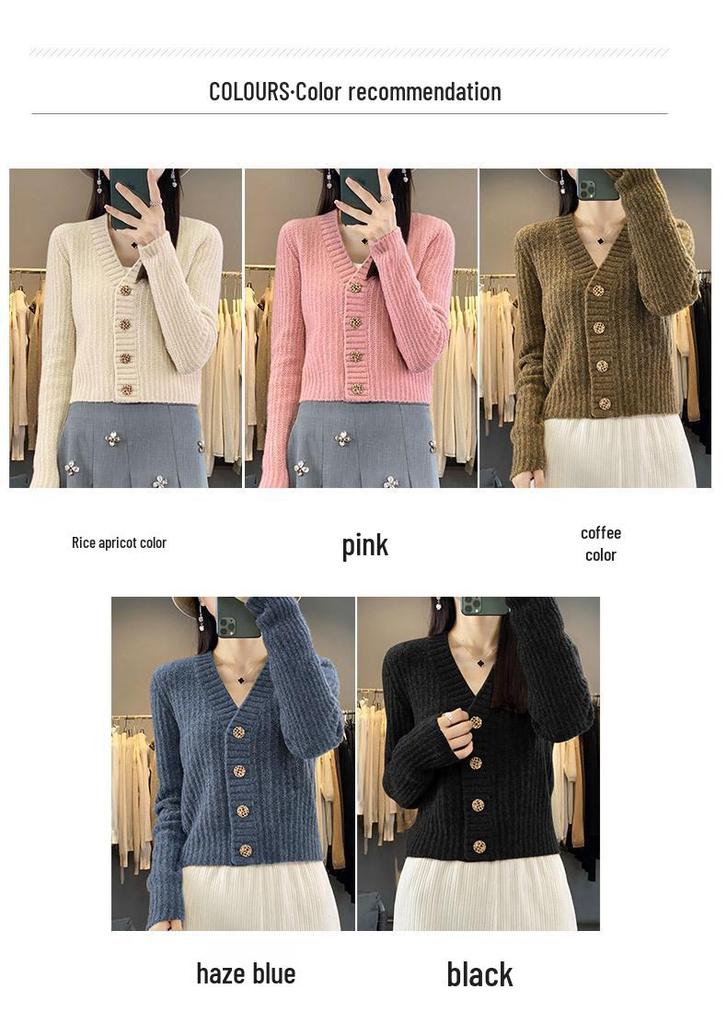 Women's Early Autumn High-Waisted Knit Cardigan - V-Neck, Fine Imitation Wool, Net Celebrity Style
