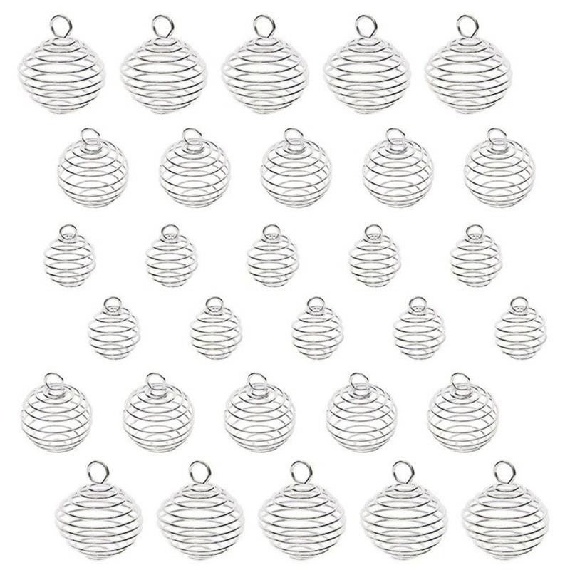

30 Pcs Necklace Cage Charm Pendant Handmade Spiral Bead Hollow Cage Stone Holder 3 Sizes for DIY Bracelet Jewelry Making серебряный