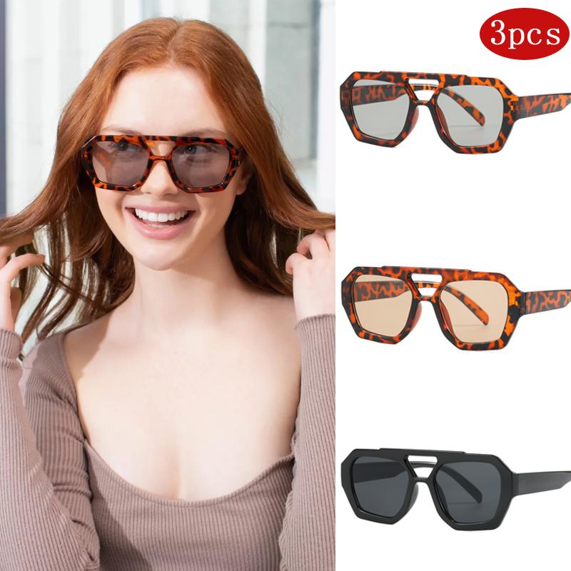 3pcs Women Double Beam Irregular Sunglasses Simple Fashion Leopard Pattern Design Glasses High Quality Outdoor Sunscreen Glasses