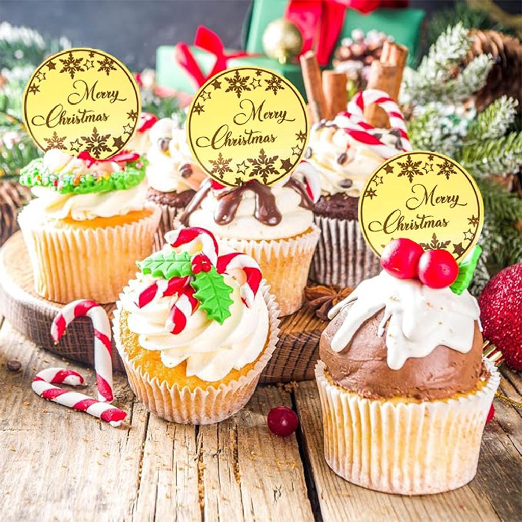 20PCS Merry Christmas Acrylic Cupcake Toppers Snowflake Shapes Round Mirror Engraved Cake Topper Cupcake Decorations for Xmas