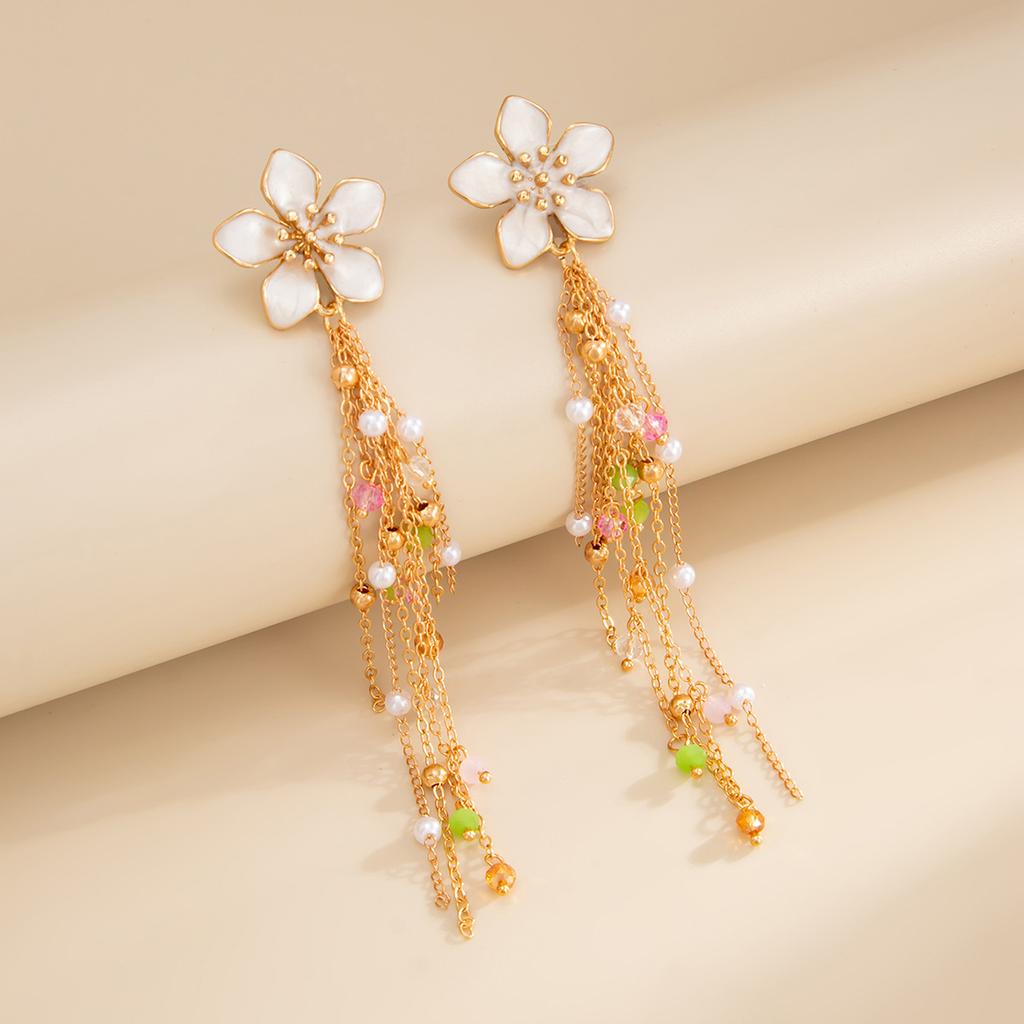 Sweet Cool Ins Oil Drop Flower Pendant Necklace, Faux Pearl Thin Chain Stackable Clavicle Chain For Women