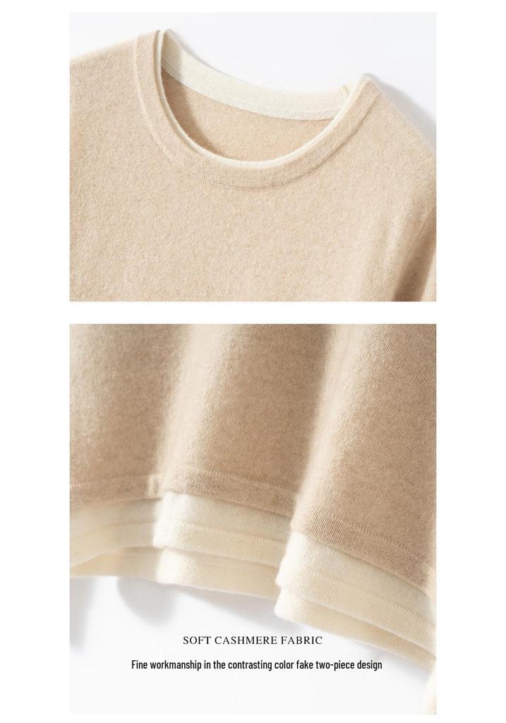 Pure Cashmere Color Block Round Neck Knit Sweater - Women's Long Sleeve Loose Fit Base Layer for Fall/Winter