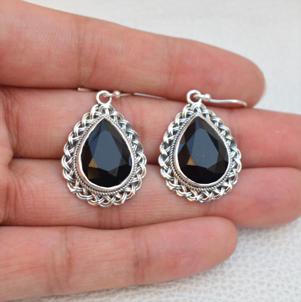 Faceted Black Onyx Earrings, 925 Sterling Silver Earrings, Teardrop Onyx Earring, December Birthstone Designer Earring, Handmade Earrings