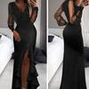 Sexy Bodycon Maxi Dress for Women V Neck Long Sleeve Mesh Sequin Dress Ruffle Side Split Wedding Guest Cocktail Party Dress