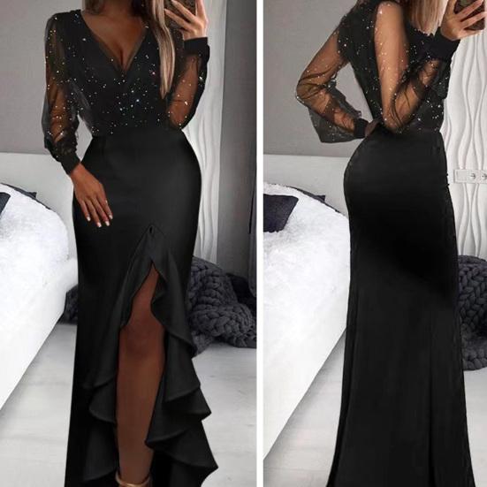 Sexy Bodycon Maxi Dress for Women V Neck Long Sleeve Mesh Sequin Dress Ruffle Side Split Wedding Guest Cocktail Party Dress