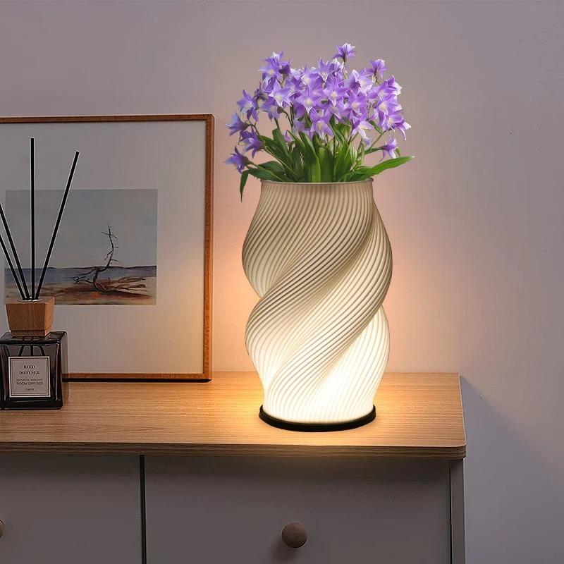 3D Printed Twisted Vase LED Lamp Nordic Minimalist Ambient Table Light Dual-Purpose Decor Lamp for Floral Arrangement, Ideal for Bedroom & Study Decor