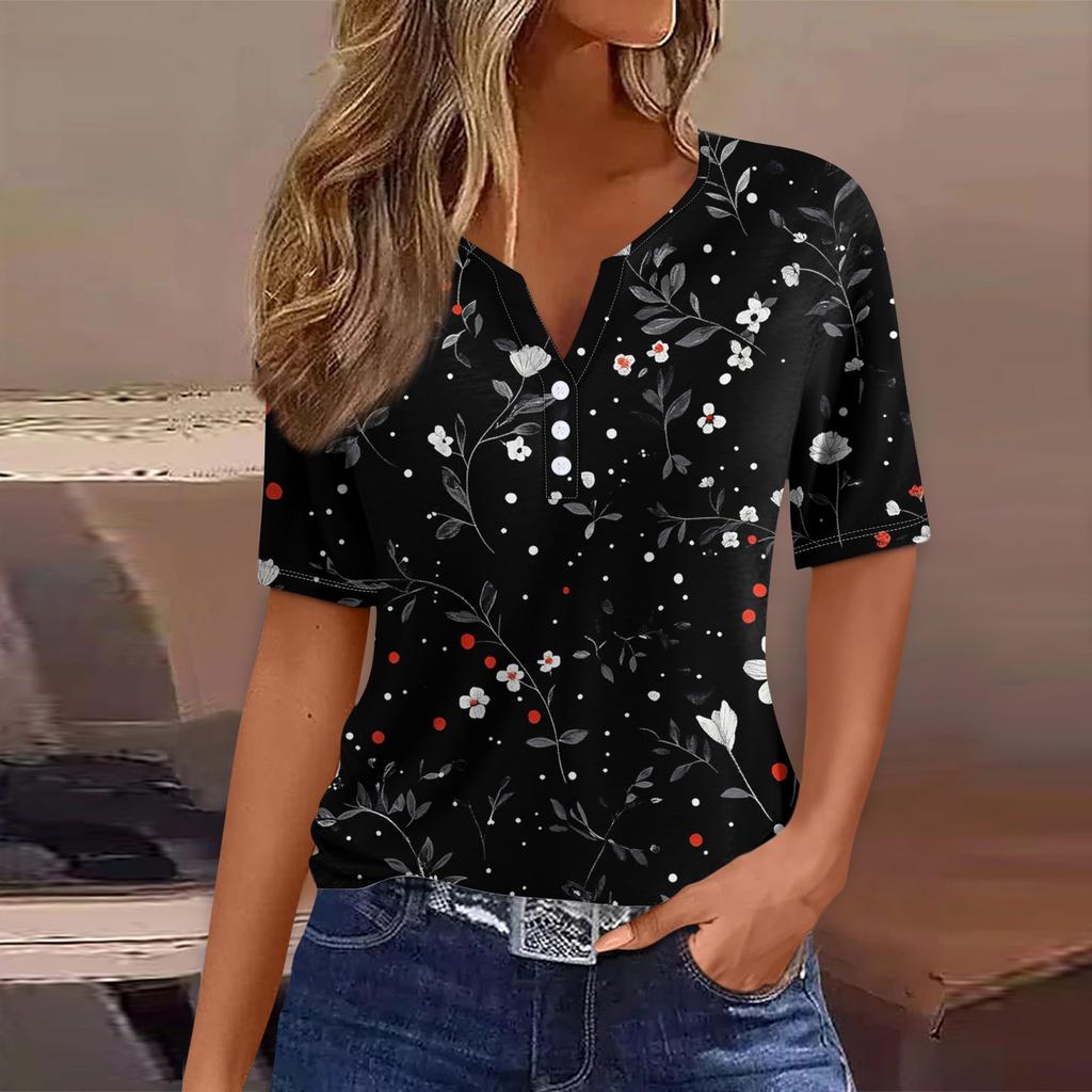 Tricou de damă Tricou imprimat cu buton cu mânecă scurtă, zilnic, la modă de weekend, de bază, cu decolteu în V, obișnuit