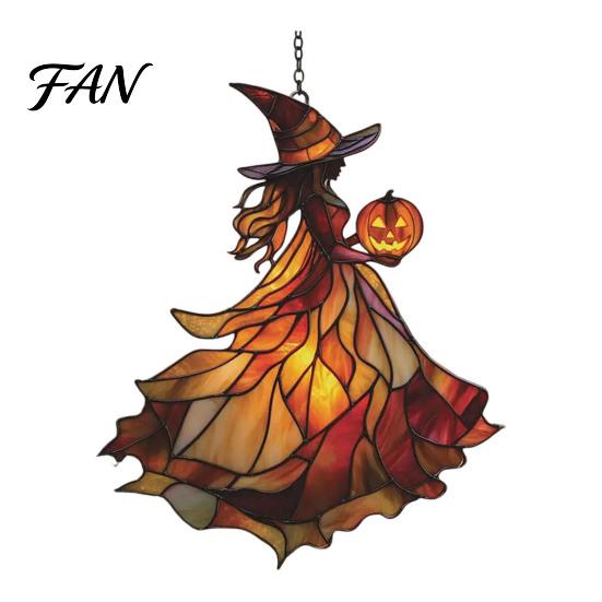 Acrylic Witch Hanging Art Suncatcher, Stained Glass Effect Window Car Ornament, Gothic Scary Decorative Sun Catcher with Pumpkin Lantern for