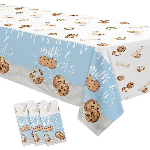 Milk and Cookies Birthday Party Supplies Tablecloth, 3pcs Disposable Chocolate Chip Cookies and Milk Party Decorations Tablecover for Birthday Baby