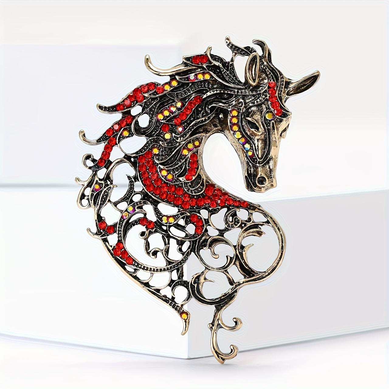 Vintage Horsehead Brooch Pin - Elegant Metallic Horse Head with Red & Golden Accents, KC Golden Plated Zinc Alloy