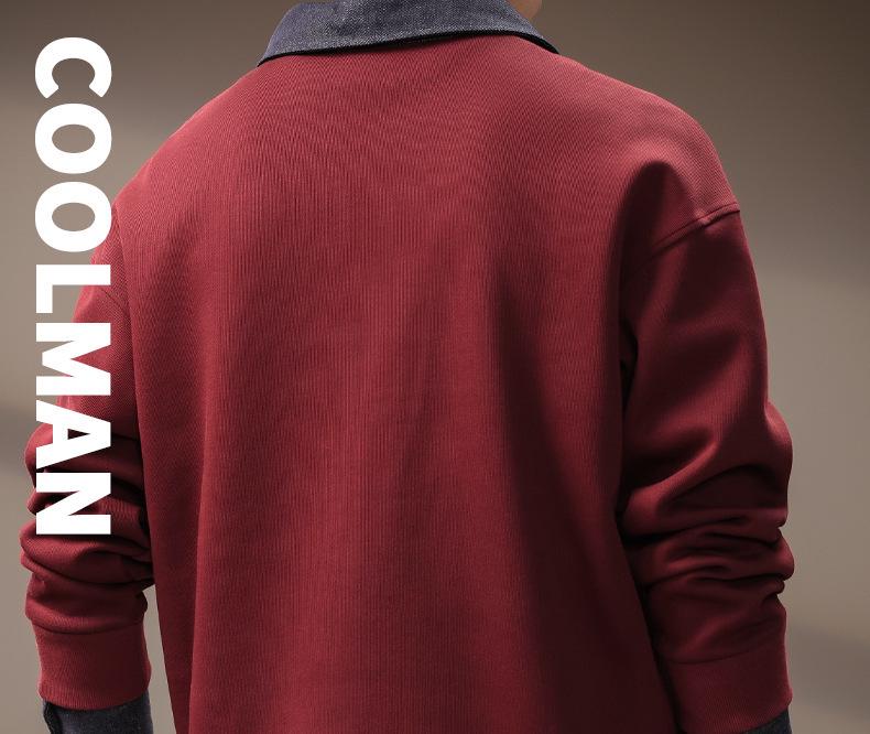 Men's Retro Fleece-Lined Color Block Denim Polo Hoodie