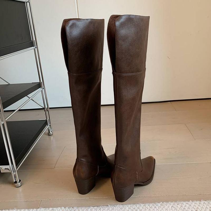 Autumn and winter high-heeled large-size women's boots, genuine leather women's leather boots, cowhide can be folded, wear more square and versati