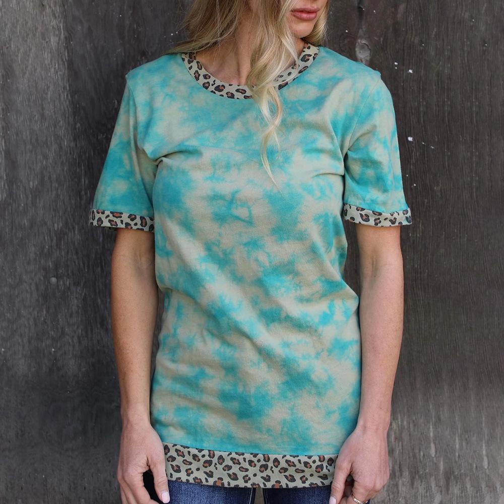 

Летняя женская модная футболка с леопардовым принтом в стиле пэчворк, свободная футболка с круглым вырезом L зелёный