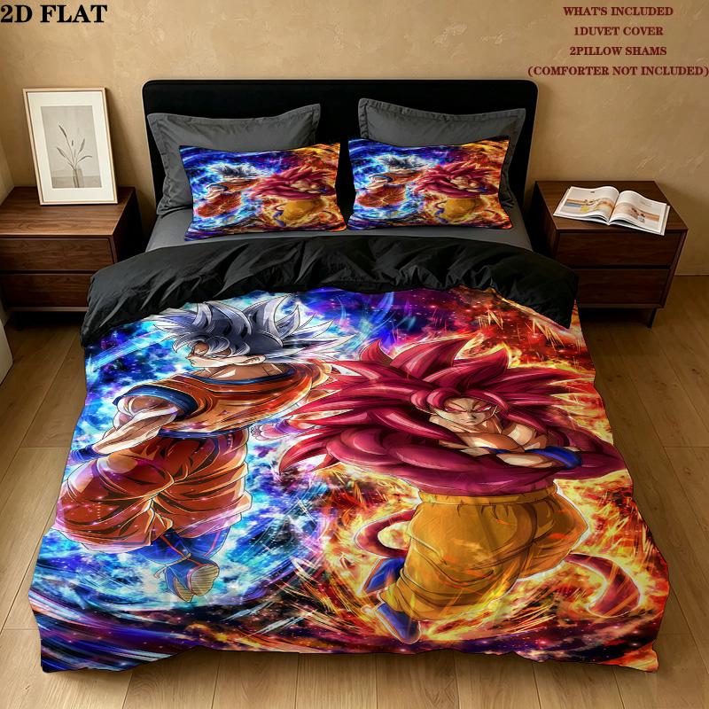 Dragon Ball Super Muster Bettwäsche Steppbett Set Bettbezug Kissenbezug Zuhause Geburtstagsgeschenk(1 Bettbezug + 2 Kissenbezüge, ohne Füllung)