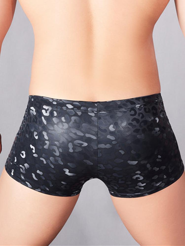 Sexy Men Pu Boxer Panties Fashion Faux Leather Lingerie Low Waisted Underwear Man Clothing Leopard Underpants Allure Panties