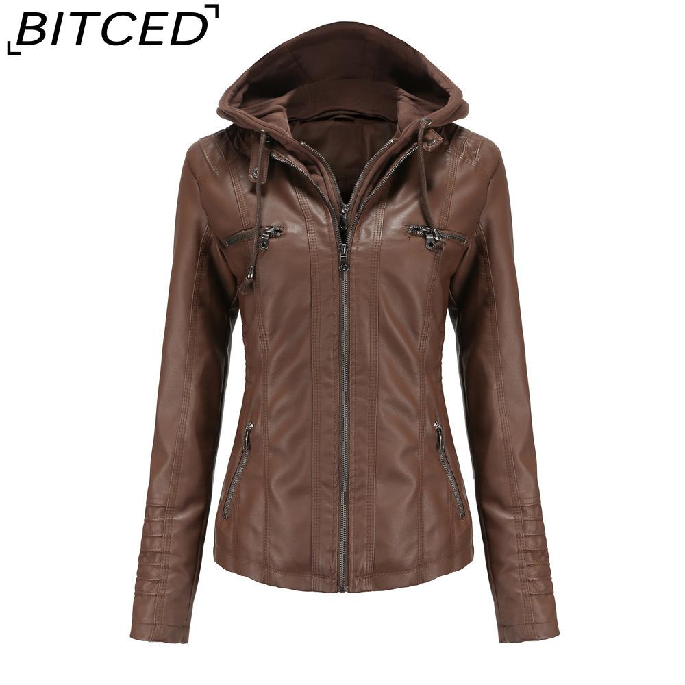 BITCED Hooded Leather Jacket Two-Piece Set with Detachable Lining Plus Size Leather Jacket for Women Spring/Autumn Outerwear