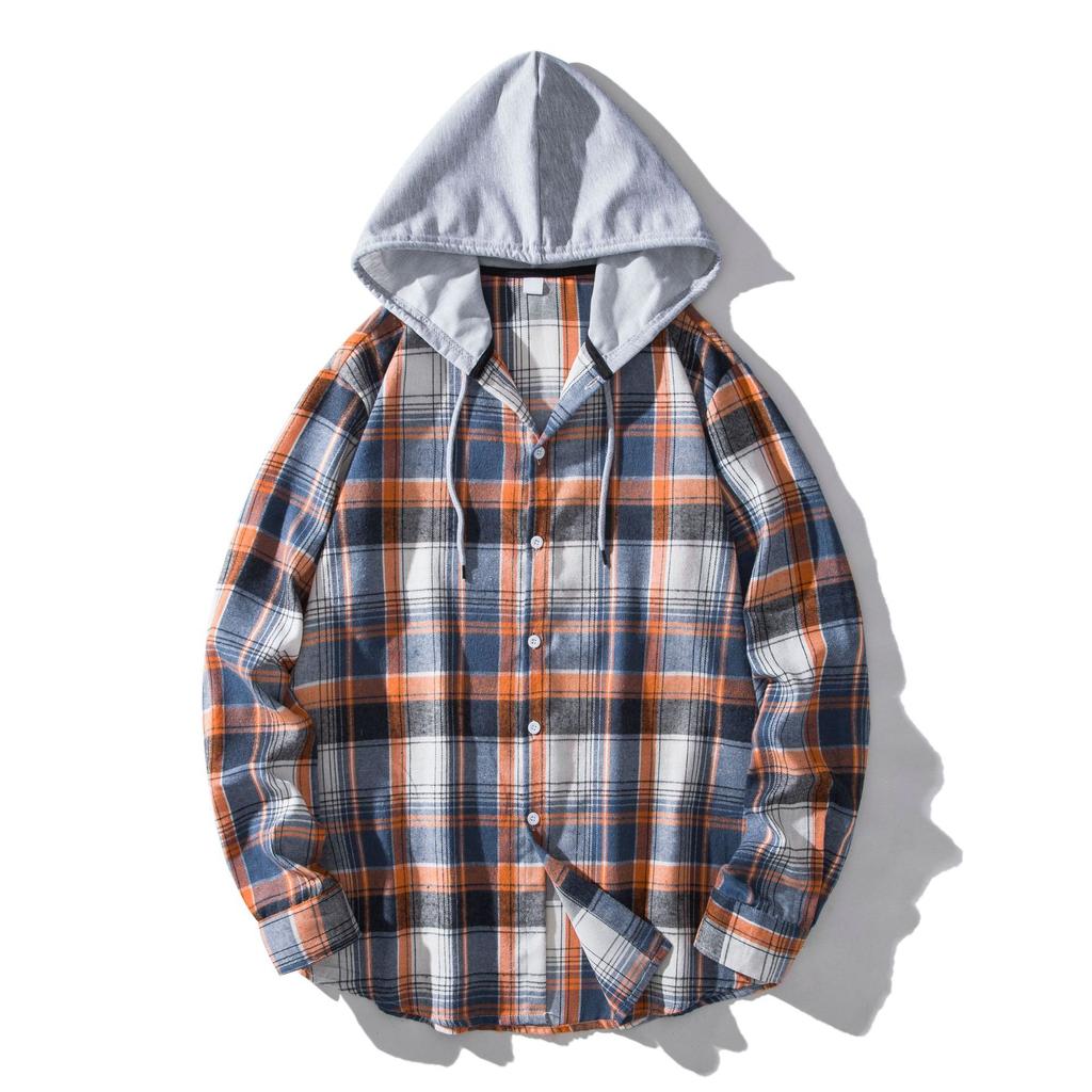 Spring Autumn Men's Checkered Hooded Shirt Man Casual Loose Button Up Plaid Shirts