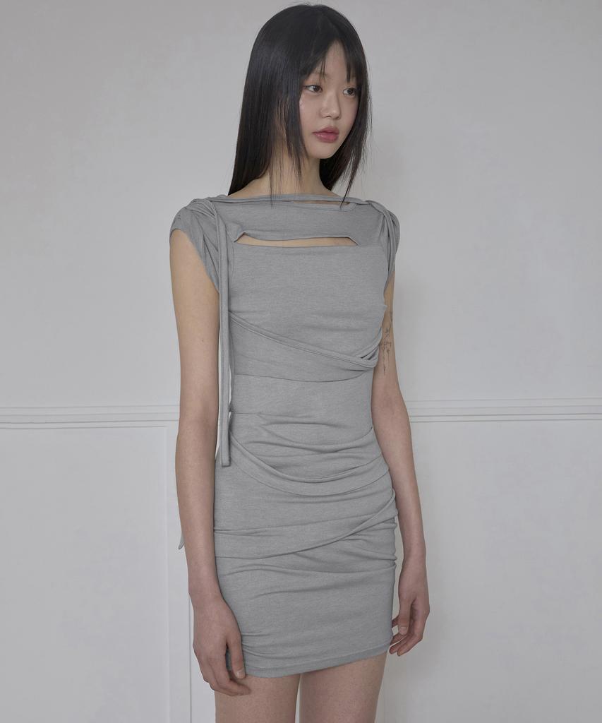 Peulleeoeob Asymmetrical Draped Strap Roll-Up Dress (Fl-171_Gray)