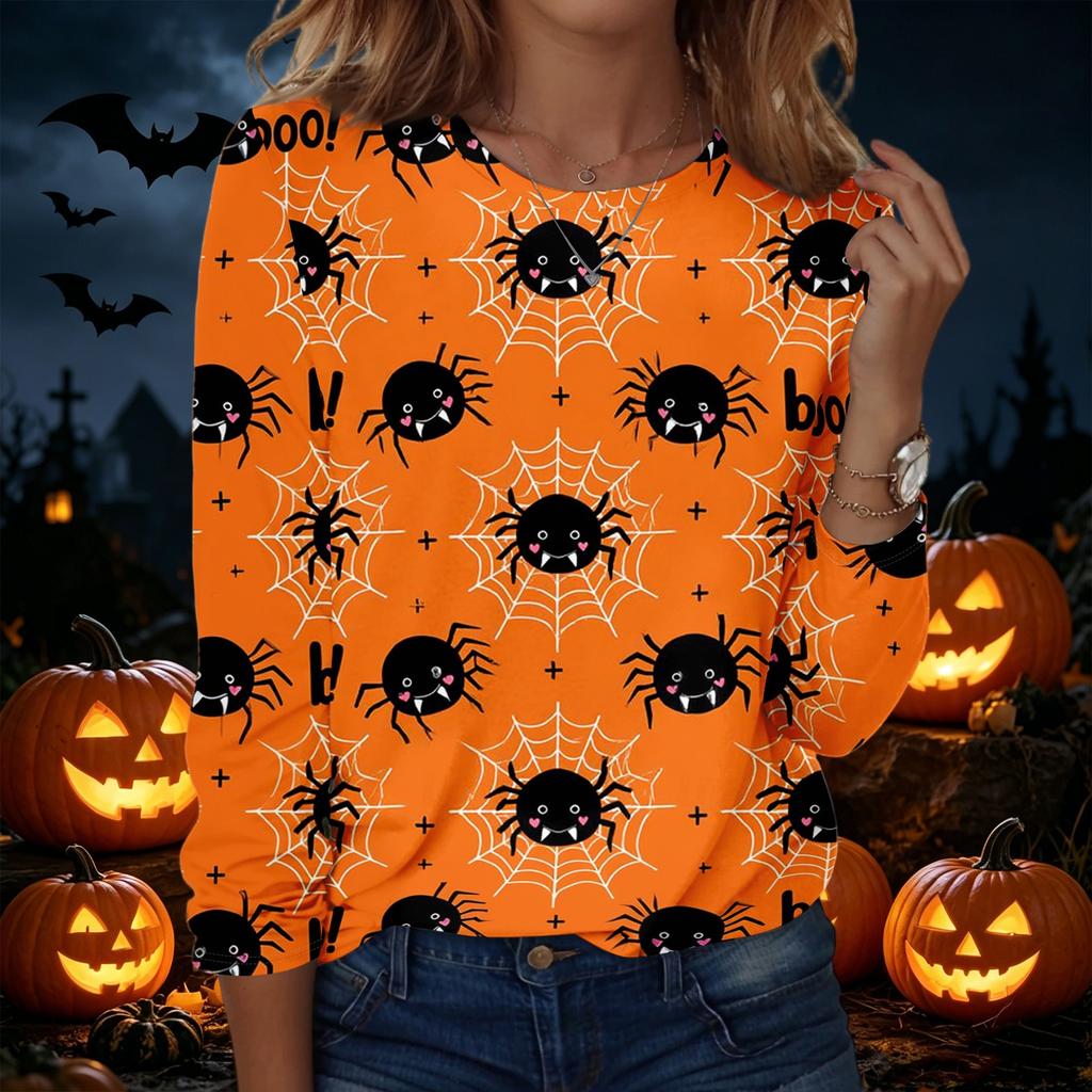 Women's Casual Long Sleeve Crew Neck Sweatshirt Halloween Print Pullover Top Lightweight Comfortable Fit for Everyday Wear
