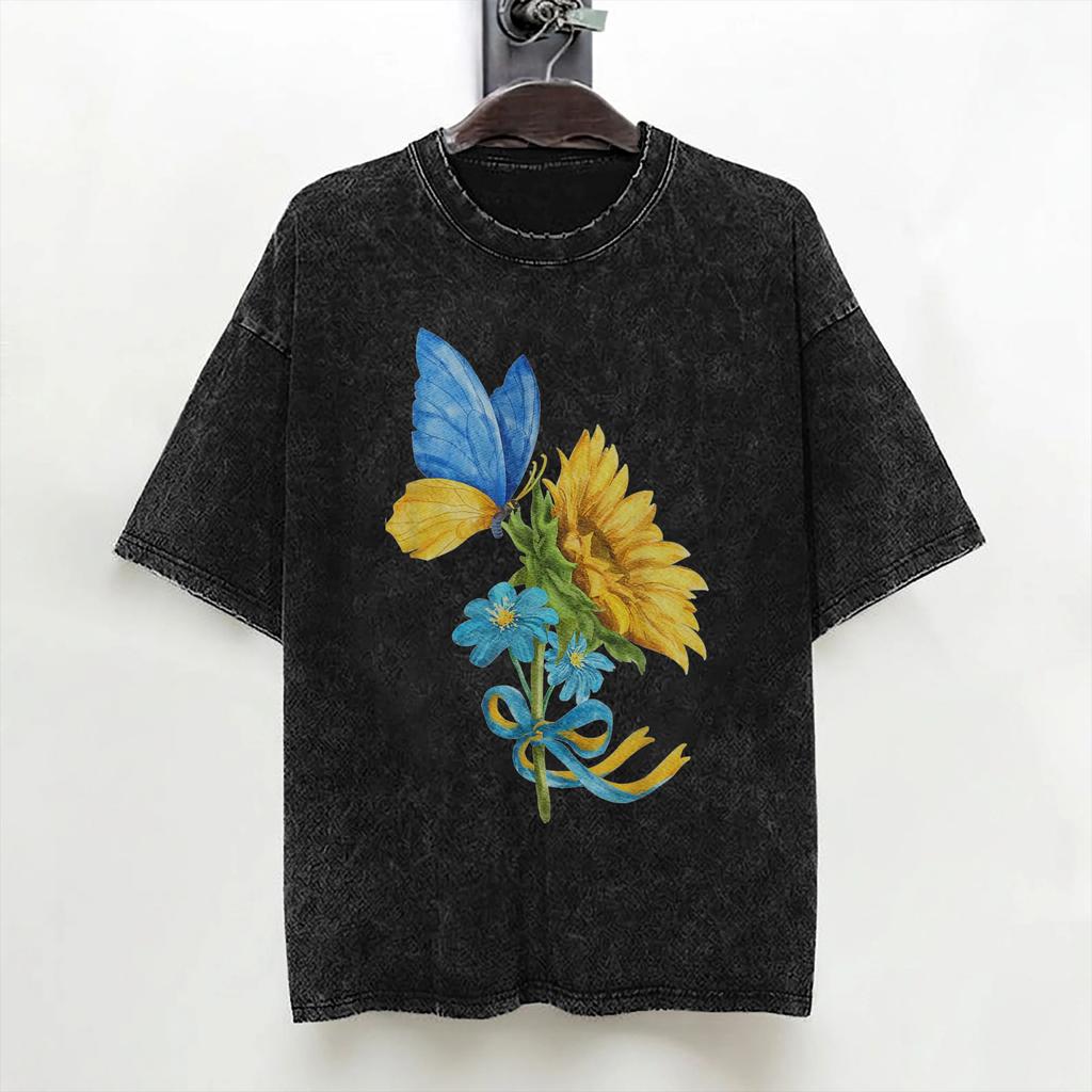 Sunflower Ukraine Flag Butterfly Ukrainian Flag T Shirts Washed Cotton TShirt Vintage for Men Women Streetwear Printed Tees
