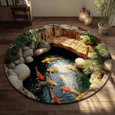 Tapis rond imprimé 2D Étang à carpes koï dans une grotte Tapis antidérapant pour le salon Tapis de chevet pour la chambre Décoration de la maison