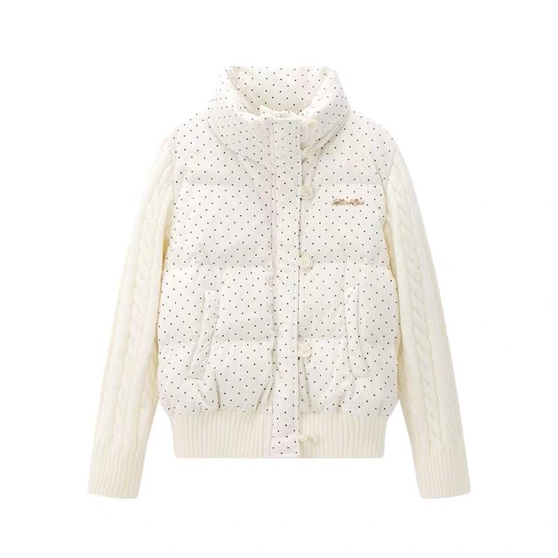 New gentle sweet girl style apricot polka dot splicing knitted cotton-padded jacket with stand-up collar versatile warm schoolgirl cotton-padded jacke