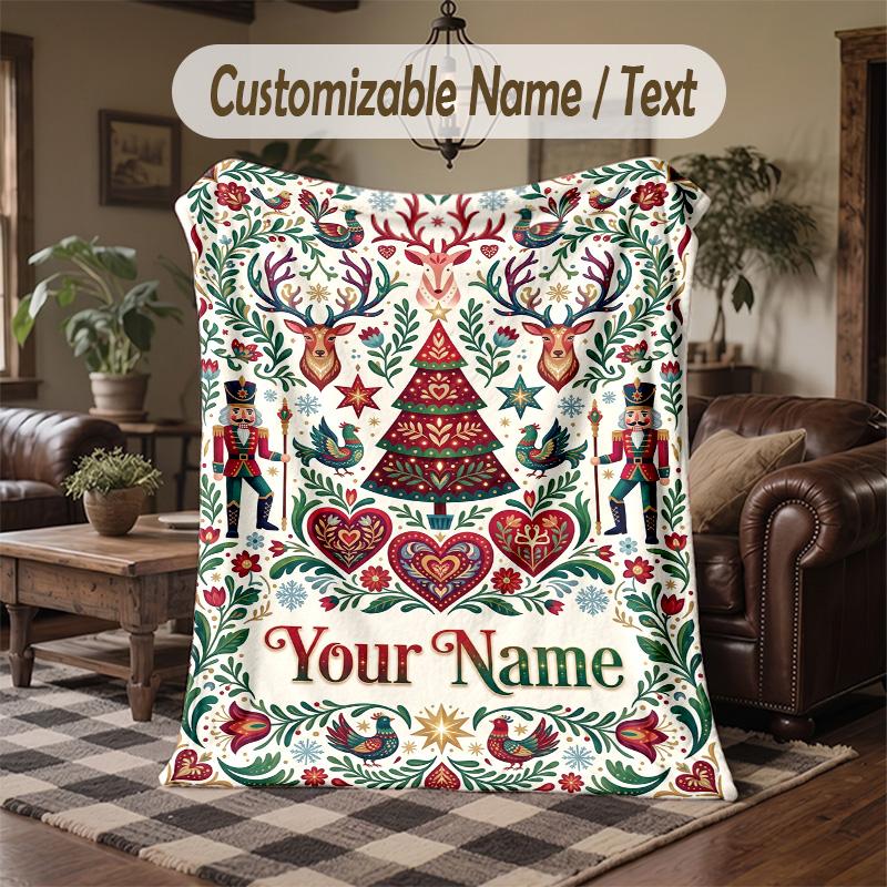 Christmas Festive Theme Throw Blanket Custom Name Text Personalized Blanket Soft Cozy Blanket for Home Sofa Bed