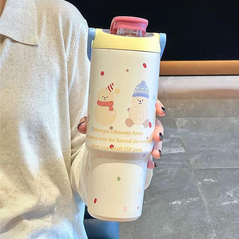 

New high-value stainless steel thermos cup handle portable straw cup large capacity for students 900ml