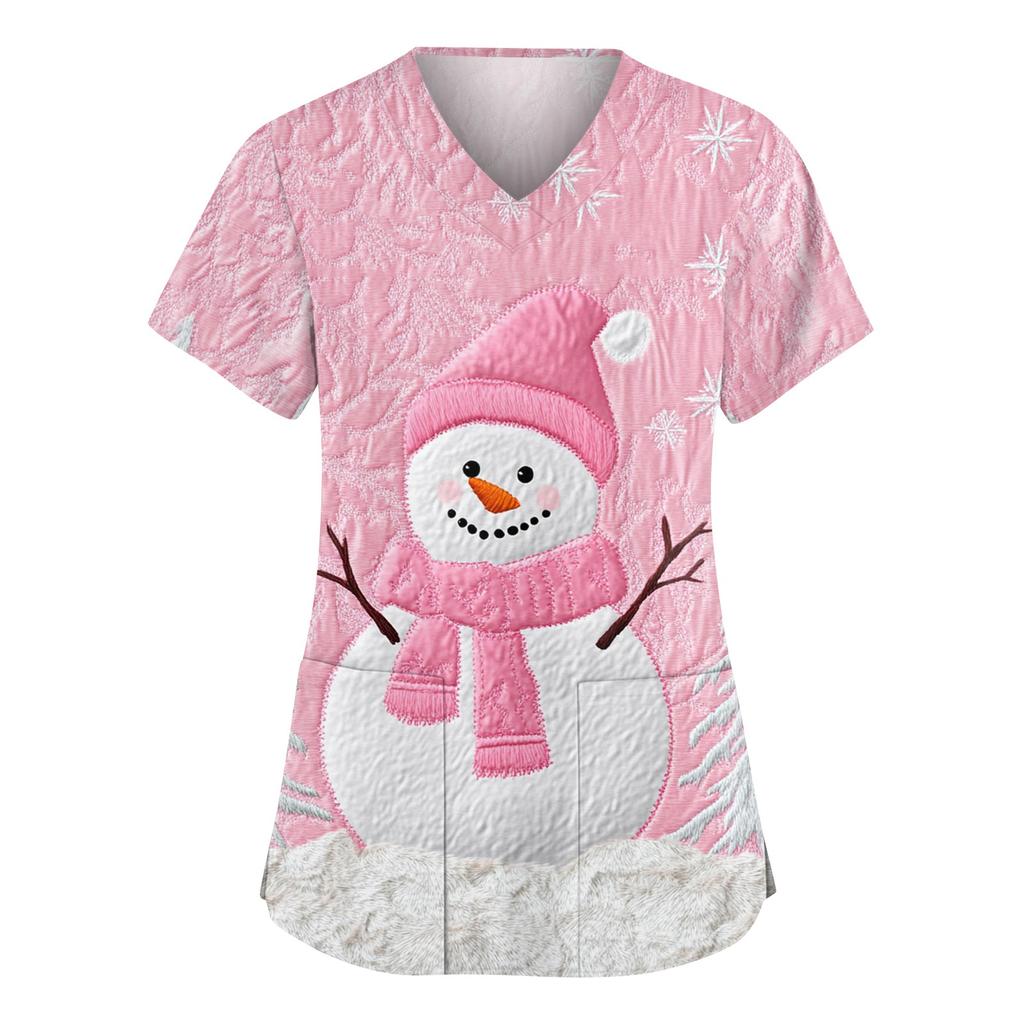 Women's Fashionable V-neck Workwear Christmas Printed Short Sleeved Pocket Side Slit Workwear Basic Pullover Top