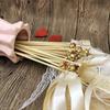 50pcs Satin Ribbon Wedding Wands Fairy Sticks With Gold Bell Pink Purple For Lawn Wedding Party Shower Decor Twirling Streamers