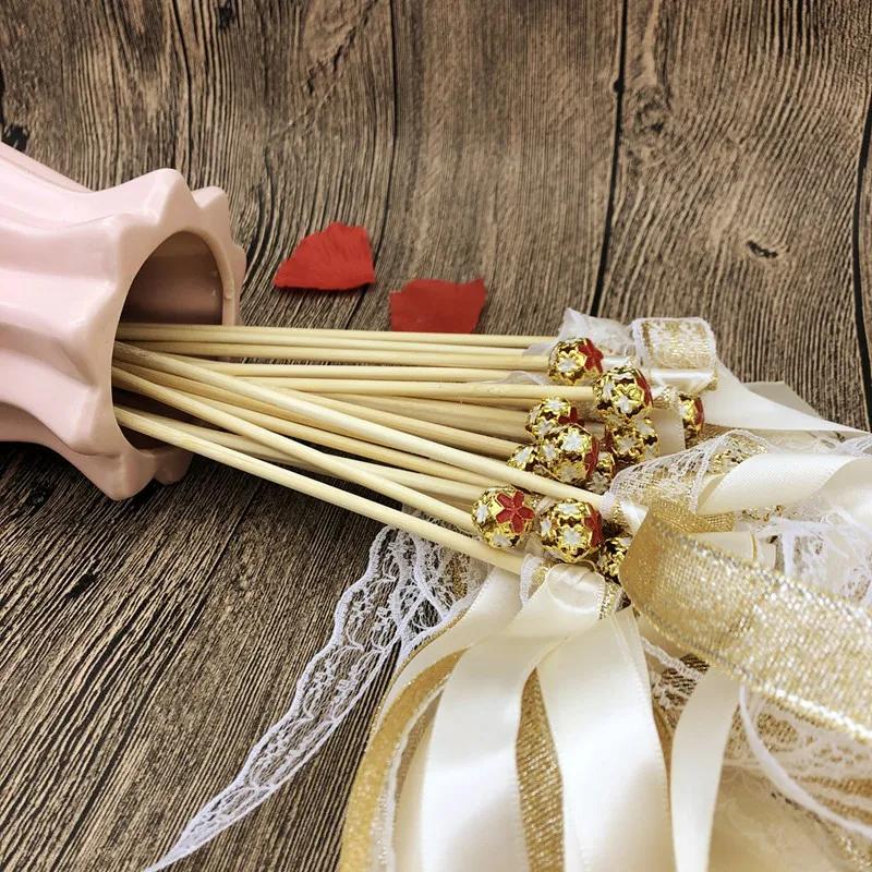 50pcs Satin Ribbon Wedding Wands Fairy Sticks With Gold Bell Pink Purple For Lawn Wedding Party Shower Decor Twirling Streamers