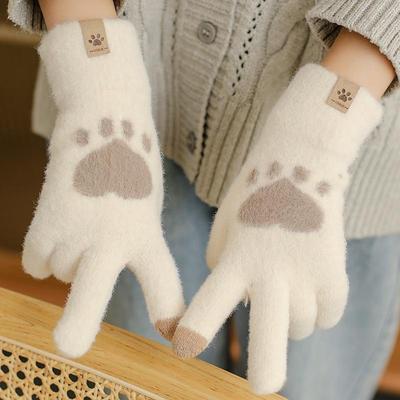 Fashion Cat Paw Printing Gloves Mobile Phone Touchscreen Knitted Gloves Winter Thick Warm Soft Fluffy Gloves For Women