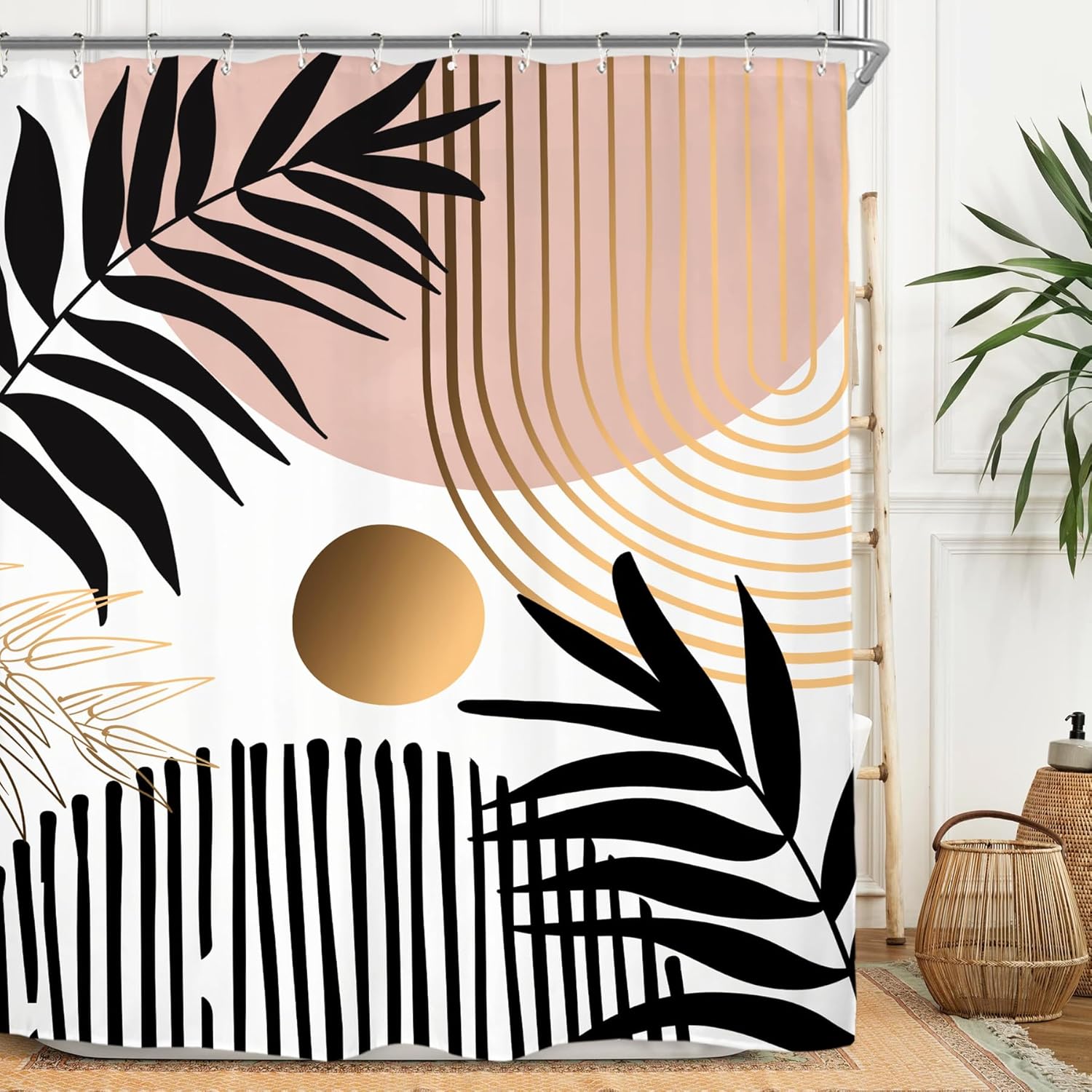 

Gaeabstract Mid Century Shower Curtain Set Dark Vintage Minimalist Modern Geometric Leaves Plant Aesthetic Waterproof Bath Cur W60H190(CM)-1 Pcs