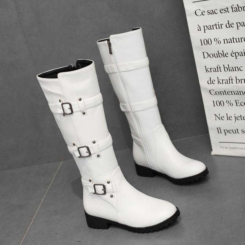 Classic Buckle Strap Knee High Boots for Women Autumn Winter Casual Low Heels High Riding Boot Round Toe Lady Shoes WSH5388