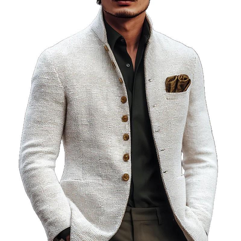 Men's Casual Stand-Collar Long Sleeve Jacket with Button Pockets