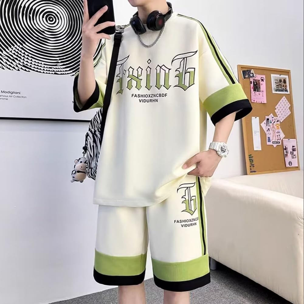 KTNCFD Short Sleeve Summer Plus Jersey and Loose Fit Men's Set, Sizes, 2-Piece Set, T-Shirt, Top, Shorts, Sportswear, Sweatshirt, Loungewear, (8XL,