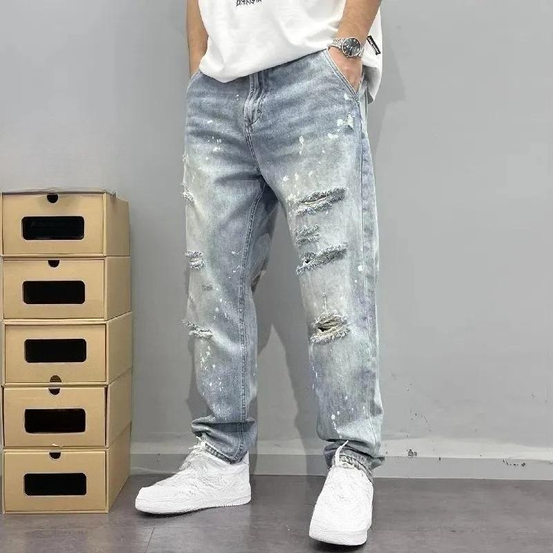 

Jeans Men Clothes Trousers Homme Stretch Straight Loose Pants Denim Blue Plus Jean Ripped Pant 28 синий
