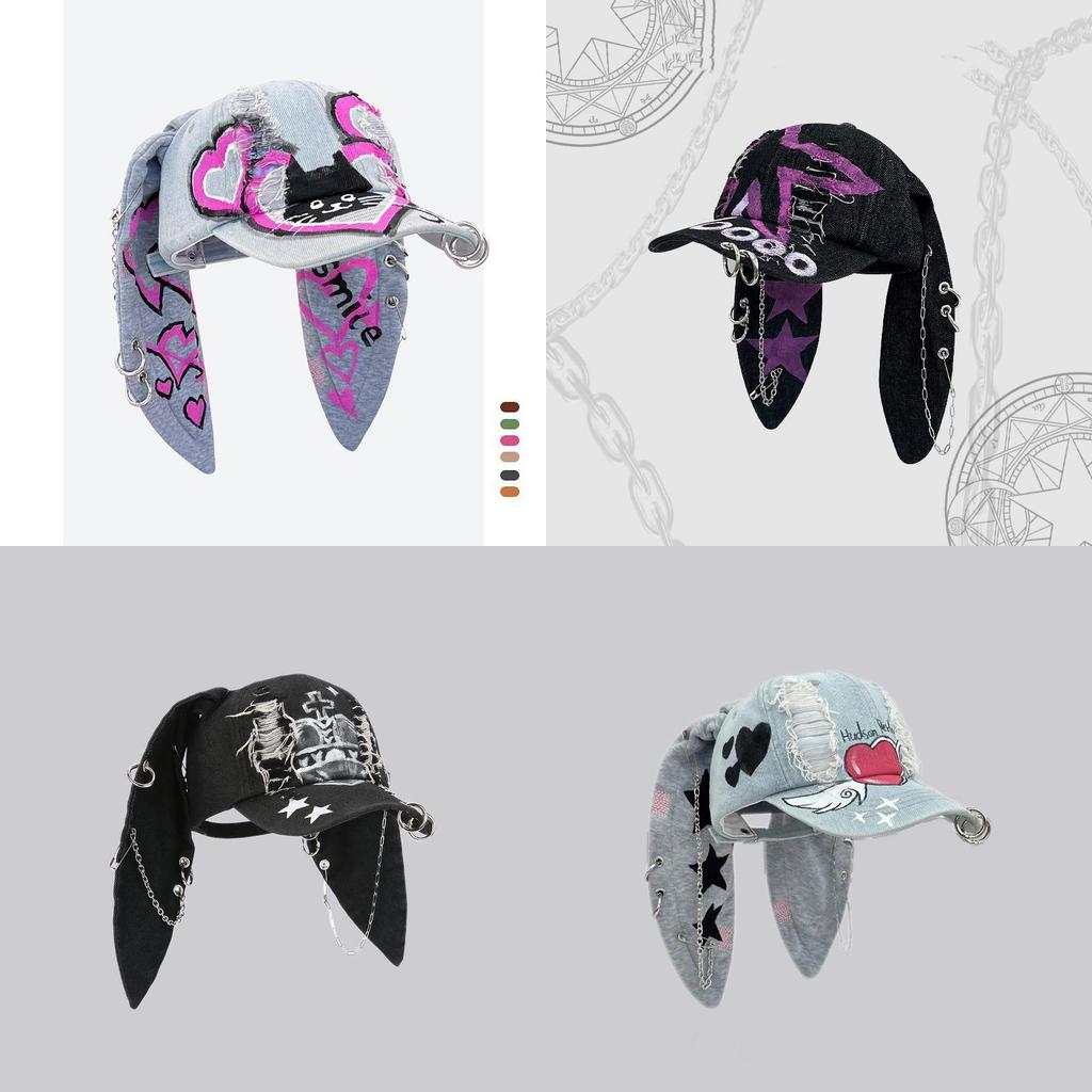 Postapocalyptic Rabbit Ear Distressed Baseball Cap With Sunblock For Street Fashion Enthusiasts