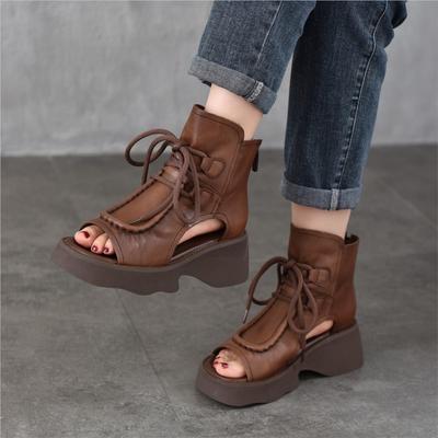Genuine Leather Women's Shoes Roman Sandals Vintage Back Zipper Peep Toe Thick Soled Summer Boots