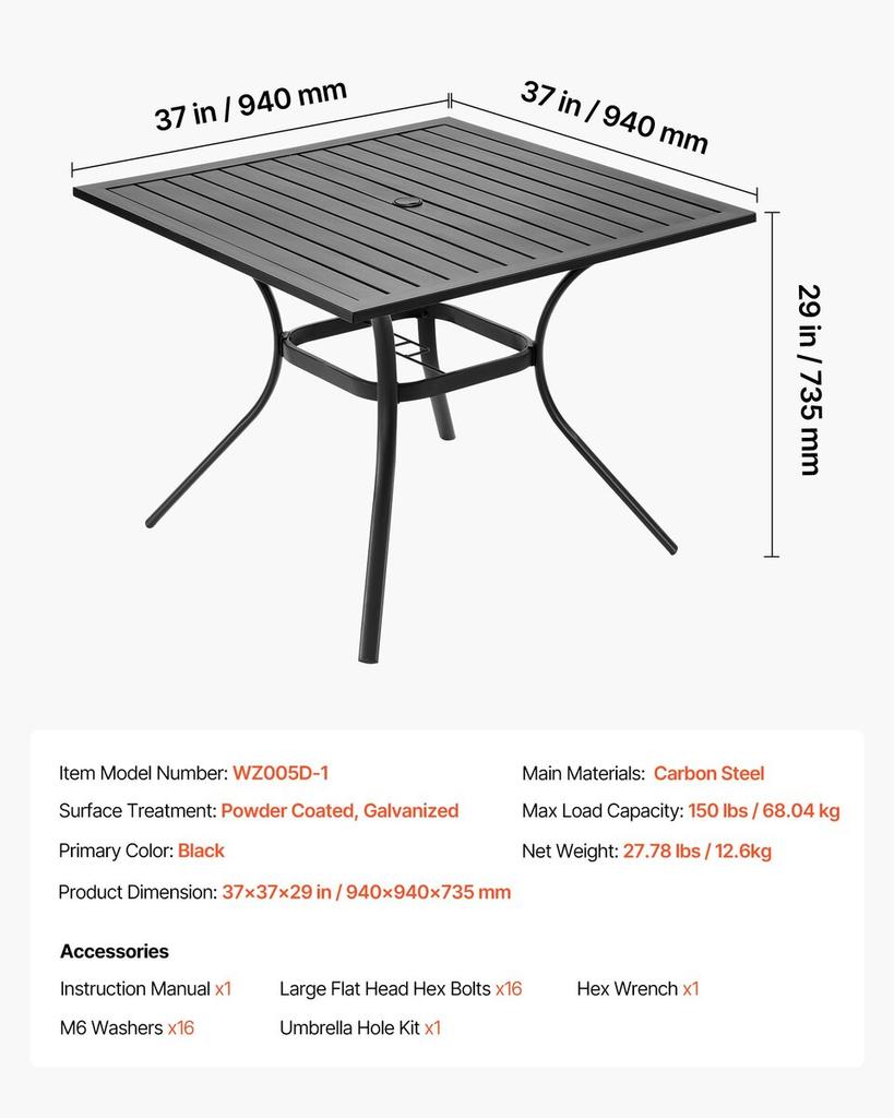 Garten-Esstisch, 94 cm quadratisch, Metall Stahlblech, Hinterhof Bistro-Tische, mit 38 mm Sonnenschirmloch, Außen Allwetter Große Möbel für Rasen